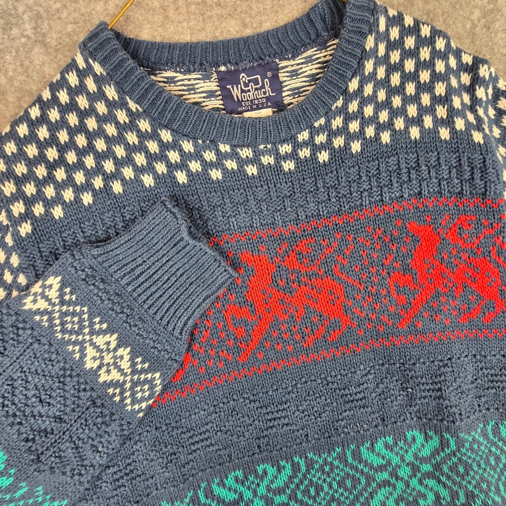 Woolrich Sweater Mens Medium Blue Vintage USA Cotton Fair Isle Reindeer Crewneck